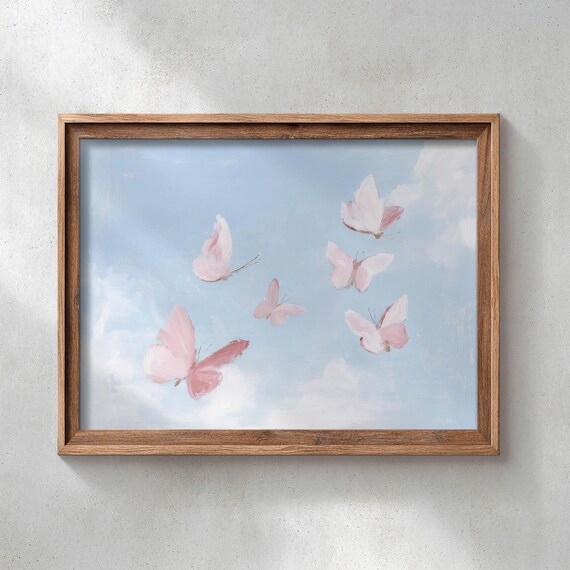 Printed Pink Butterflies Floating Soft Blue Sky Romantic Coastal Summer Bedroom Wall Art Nursery Decor Poster P647