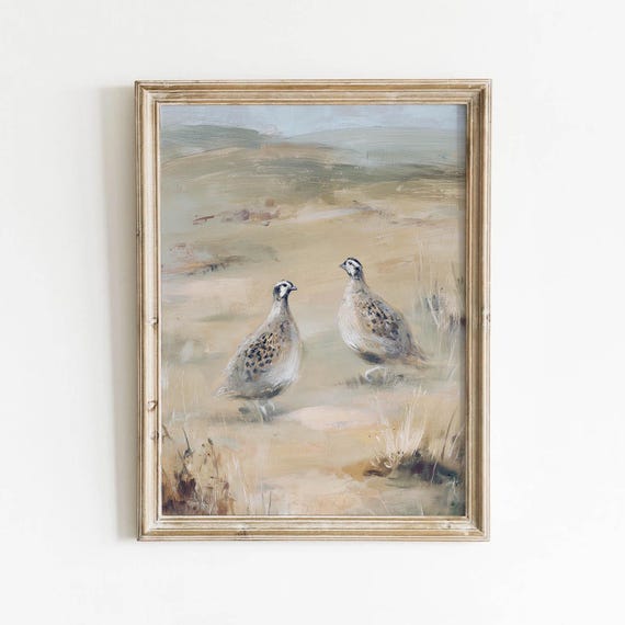 Muted Tan Beige Quail Birds Sandy Landscape Printable Rustic Wildlife Wall Art Vintage Neutral Decor Pale Blue Painting Download 612