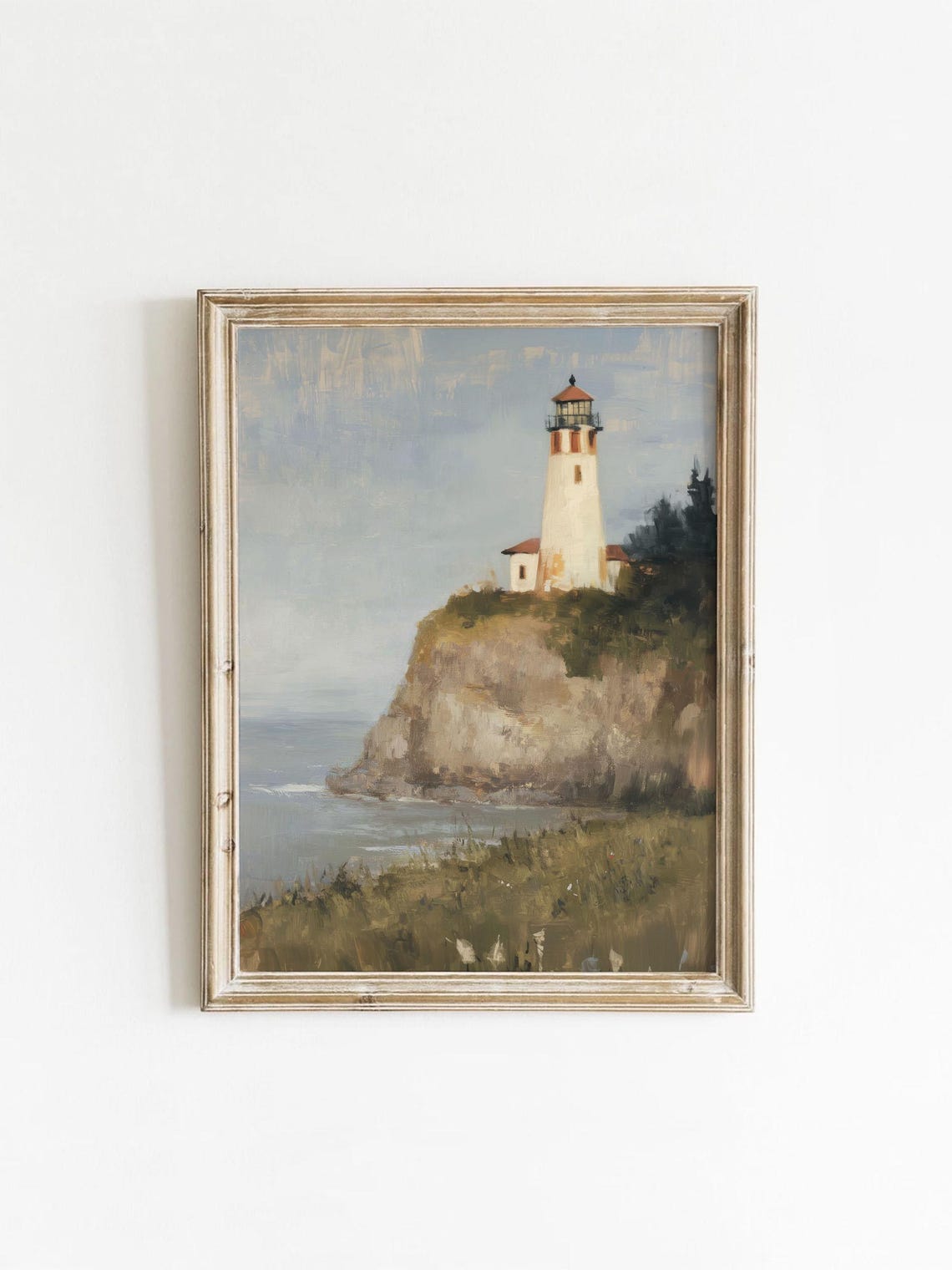Lighthouse On Rocky Cliff Red Lantern Room Muted Ocean Painting Poster