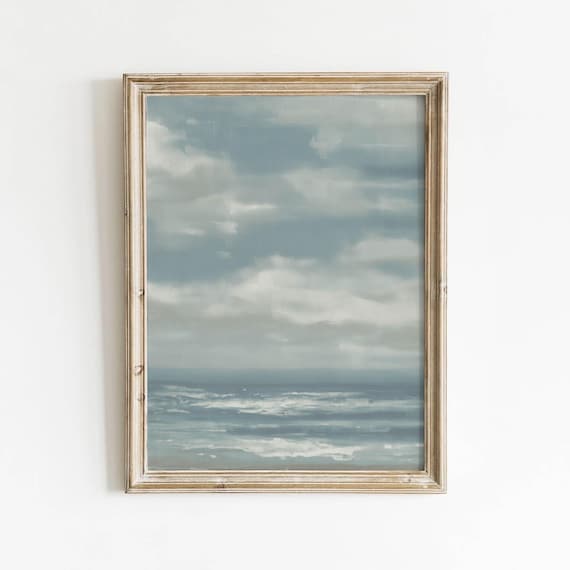 Moody Blue Ocean Waves Under Cloudy Sky Neutral Coastal Poster
