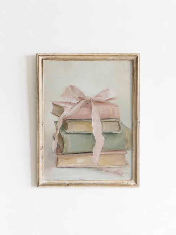 Vintage Book Stack With Pink Ribbon Printable Soft Stilllife Cottagecore Wall Art Shabby Chic Cozy Decor Digital Download 133