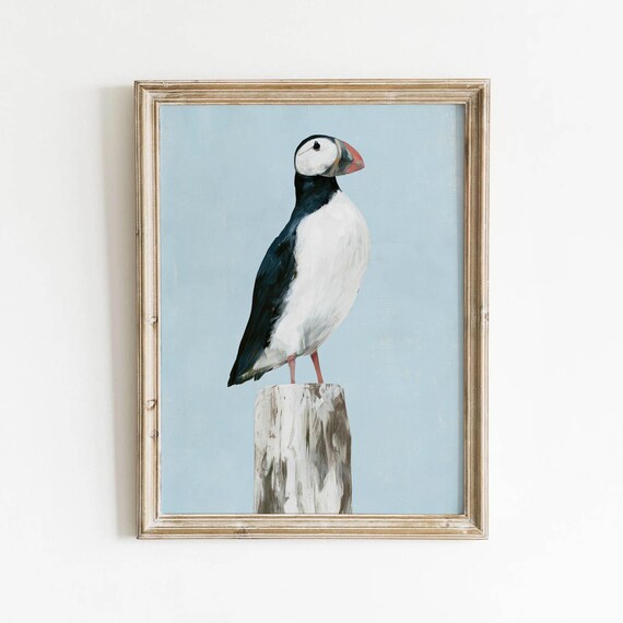 Puffin Bird Portrait Printable Coastal Wildlife Wall Art Neutral Seabird Decor Vintage Nature Print Pale Blue Download 702