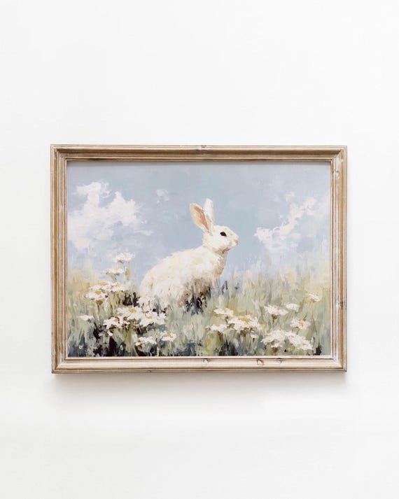 Vintage Bunny Painting, Cute Nursery Decor Art Print