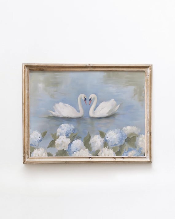 Two White Swans Heart Necks Pastel Romantic Love Birds Painting Poster
