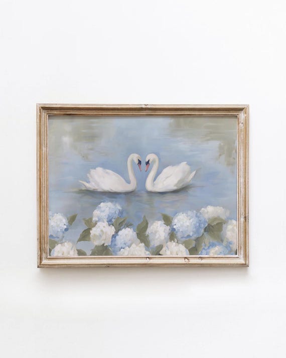 Vintage Printable Romantic Swan Painting Pastel Palette Cottagecore Hydrangea Decor White Swans In Soft Blue Water Digital Download 142