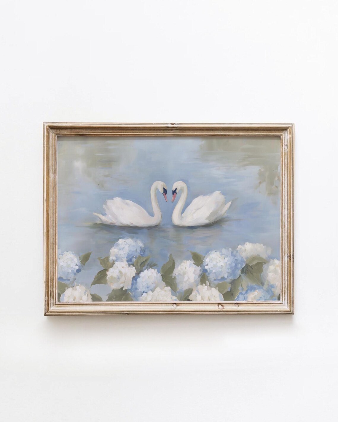 Two White Swans Heart Necks Pastel Romantic Love Birds Painting Poster