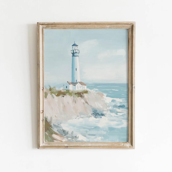 Lighthouse On Rocky Headland Printable Nautical Pastel Art Preppy Coastal Summer Decor Soft Muted Colors Digital Download 0287