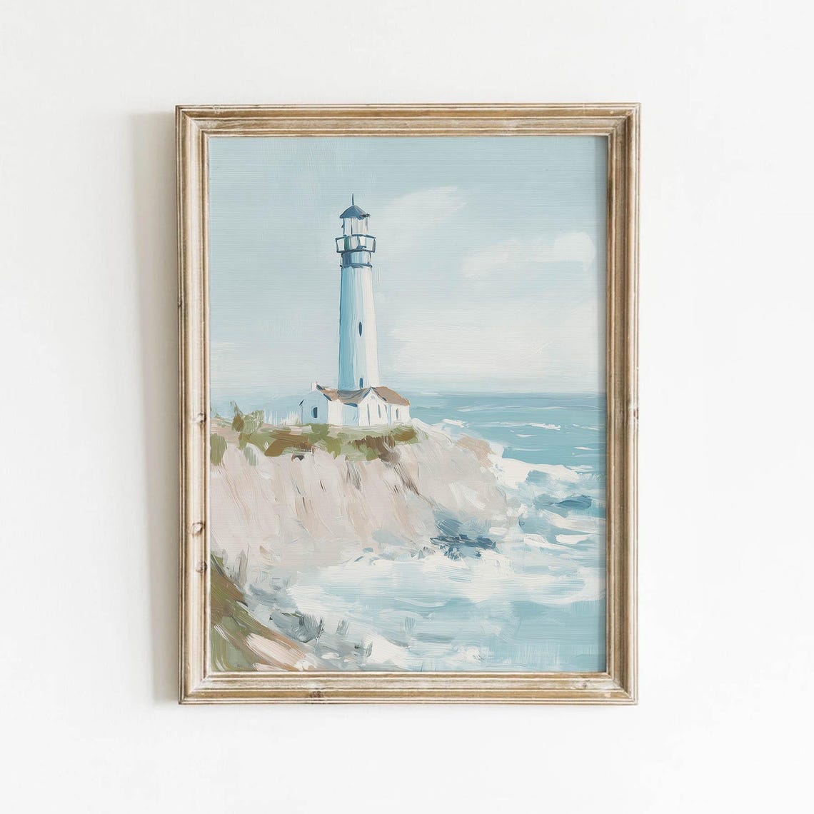 Lighthouse On Rocky Cliff Pastel Ocean Painting Serene Coastal Poster