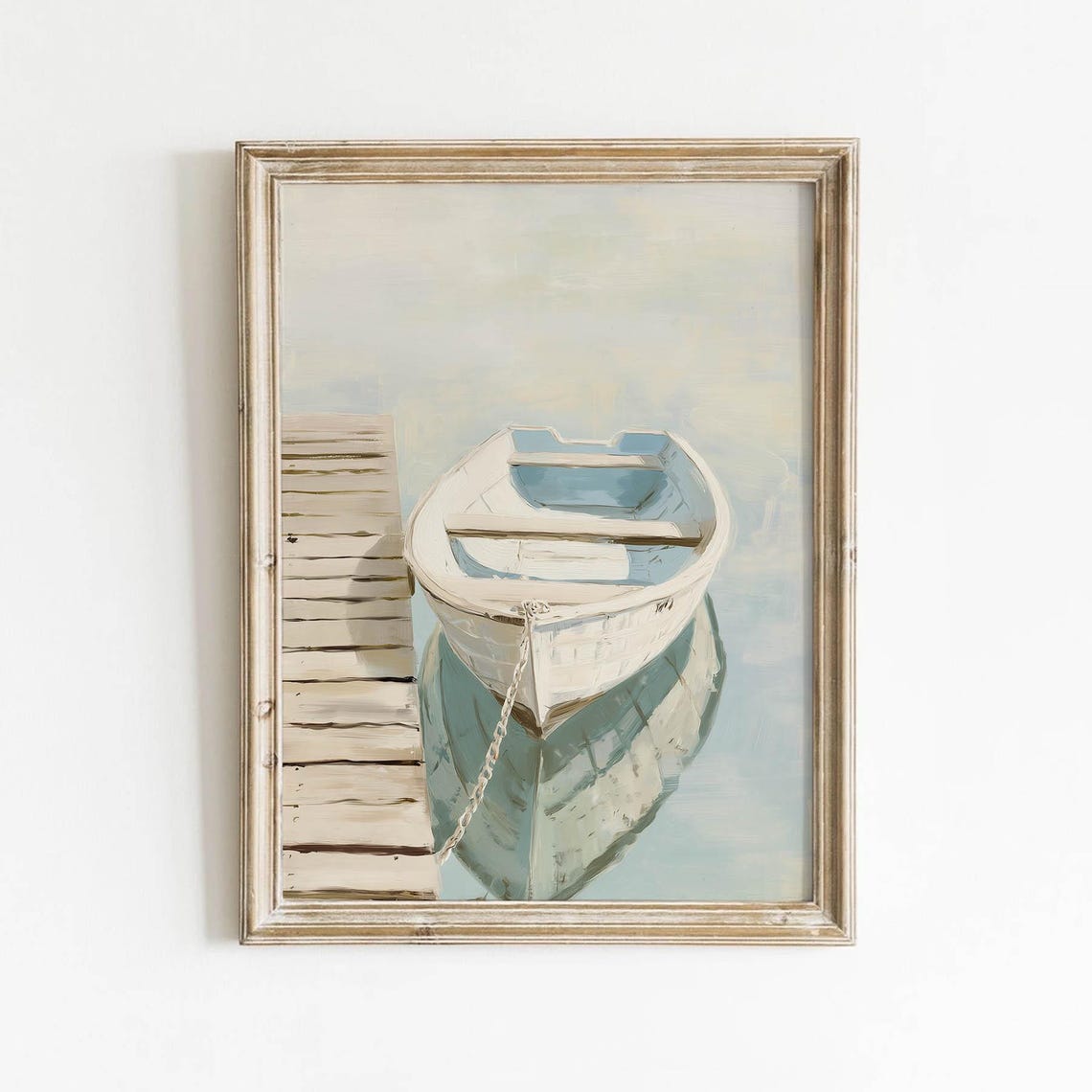 White Rowboat Tied at Dock Calm Water Coastal Painting Poster
