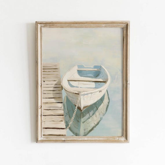 Rowboat Tied At Dock Printable Art Pastel Spring Summer Nautical Decor Retro Preppy Style Soft Blue Beachy Print Digital Download 0301