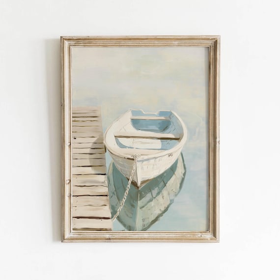 White Rowboat Tied at Dock Calm Water Coastal Painting Poster