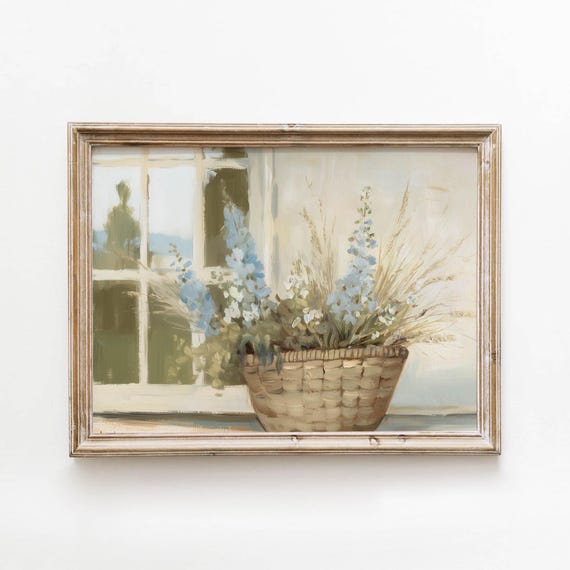 Vintage Blue Wildflower Basket Rustic Cottage Printable Wall Art Farmhouse Summer Decor Digital Download 482