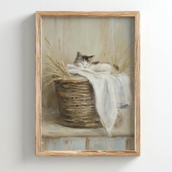 Poster Print Sleeping Gray Kitten In Wicker Basket Muted Warm Tones Rustic Cottage Decor Vintage Cat Art Neutral Home Wall 0492