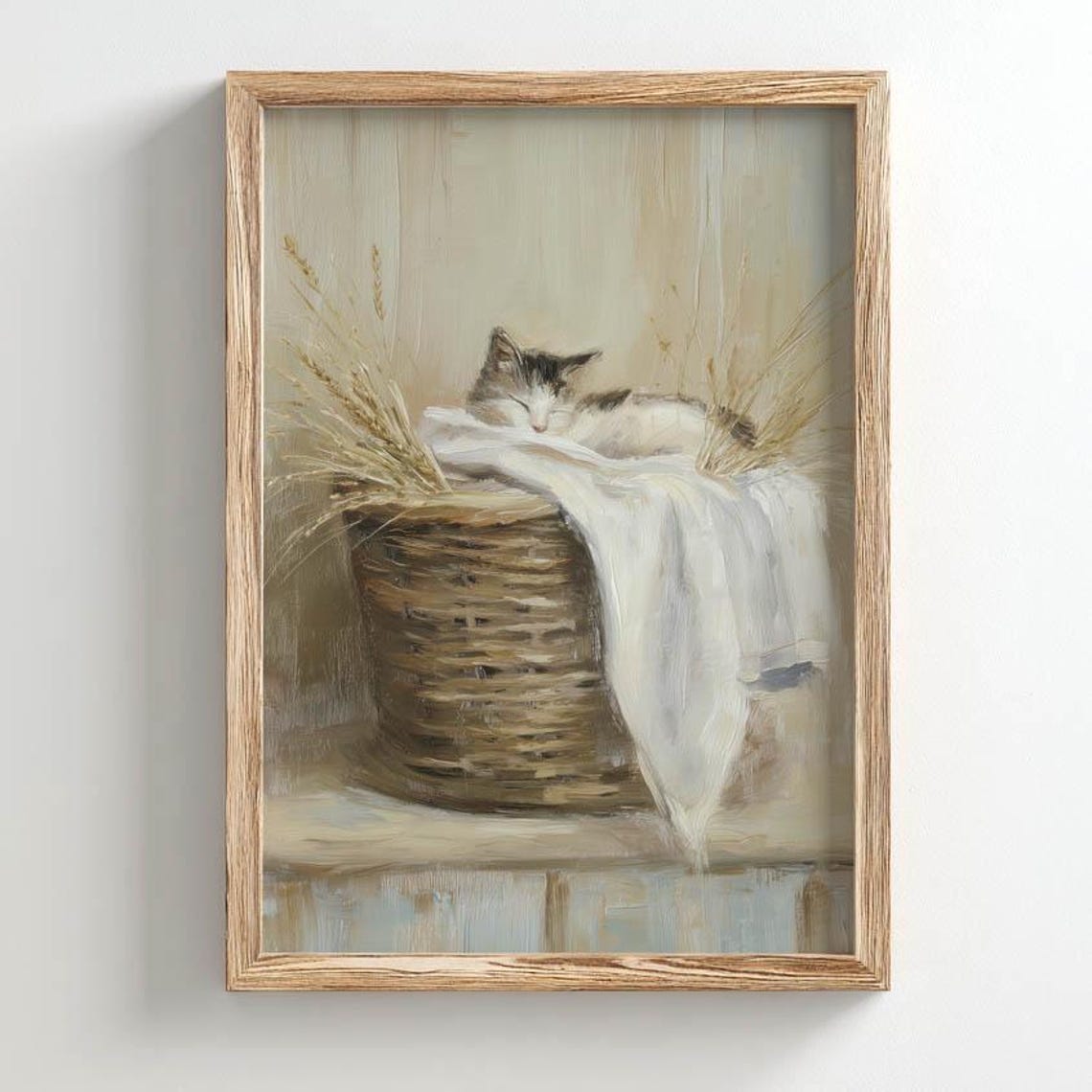 Poster Print Sleeping Gray Kitten In Wicker Basket Muted Warm Tones Rustic Cottage Decor Vintage Cat Art Neutral Home Wall 0492