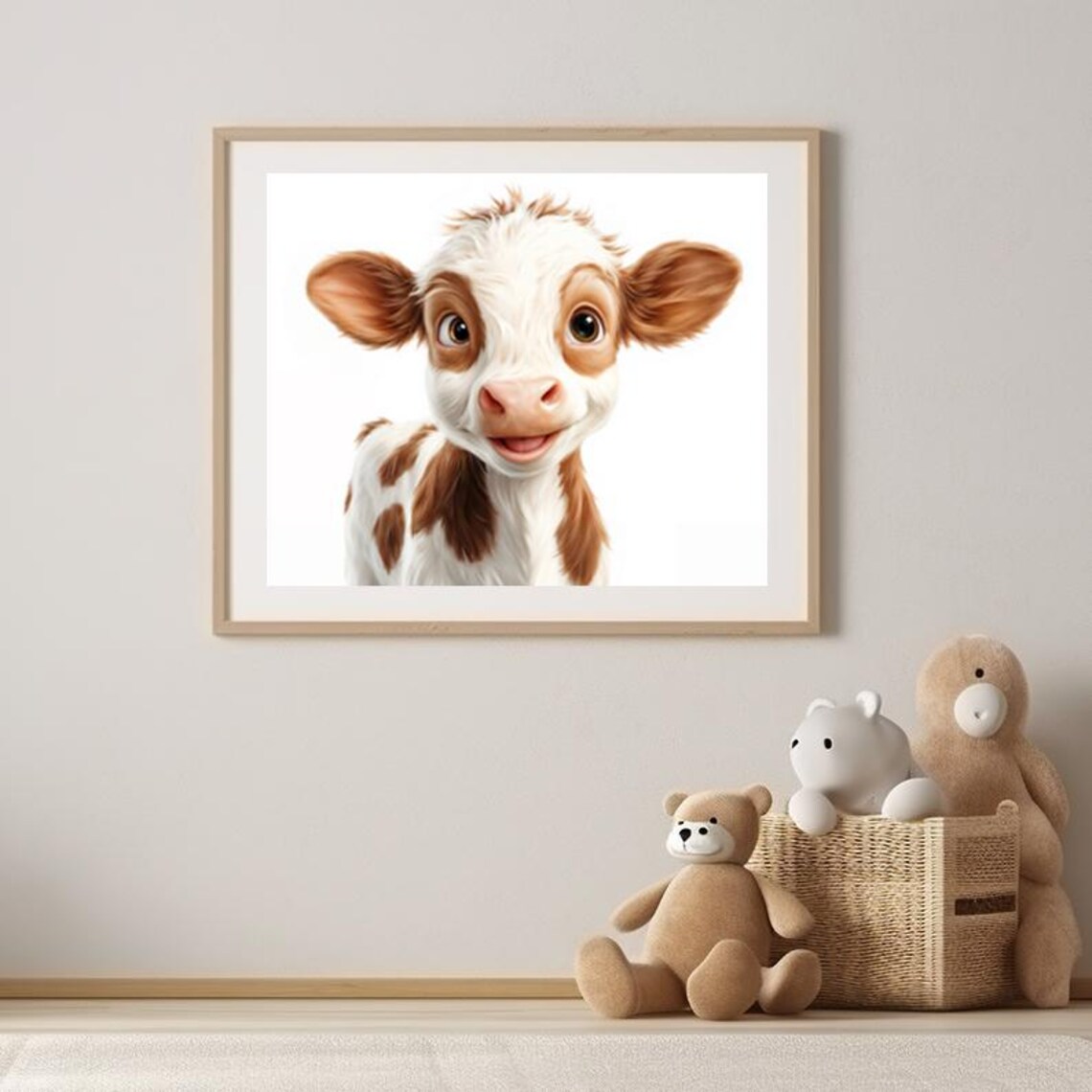 Smiling Brown and White Baby Cow Calf Farm Animal Nursery Poster - Image 2