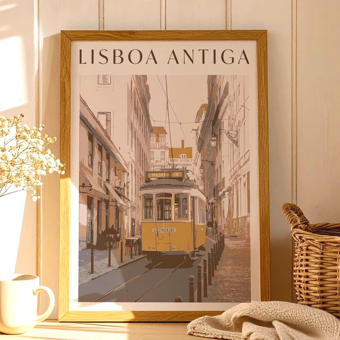 Vintage Lisbon Travel Poster Yellow Tram Art Print Portugal Wall European Street Scene Neutral Home Gallery Decor