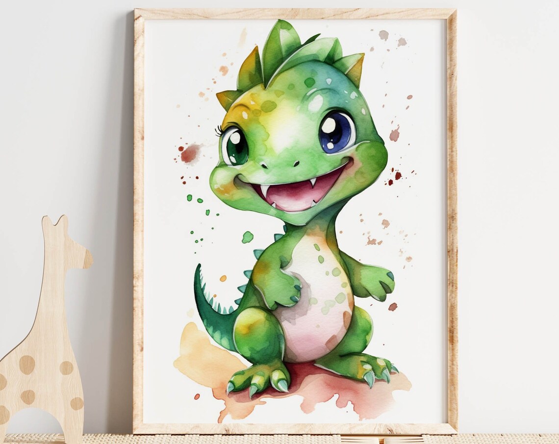 Cute Baby Dinosaur Watercolor Green Funny Dino Nursery Poster