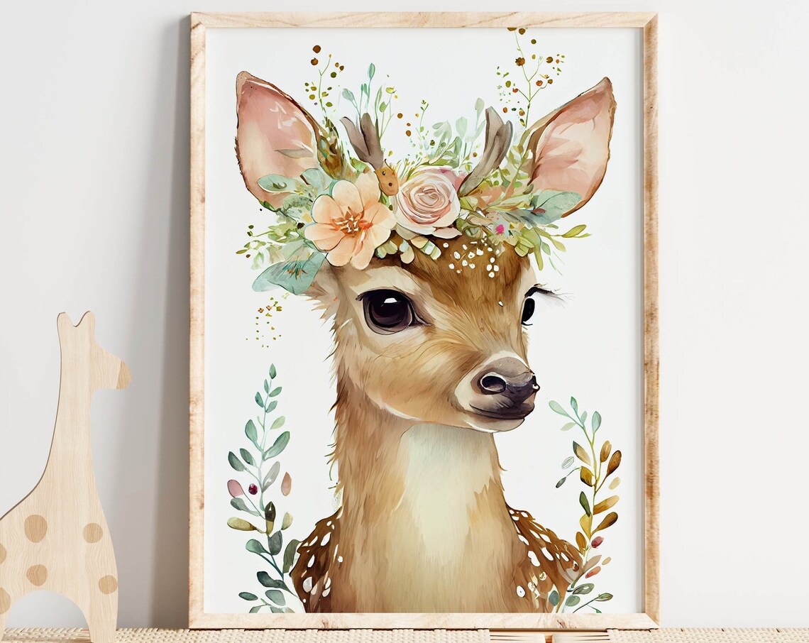 Baby Deer Watercolor Nursery Poster Floral Crown Woodland Animal Artwork
