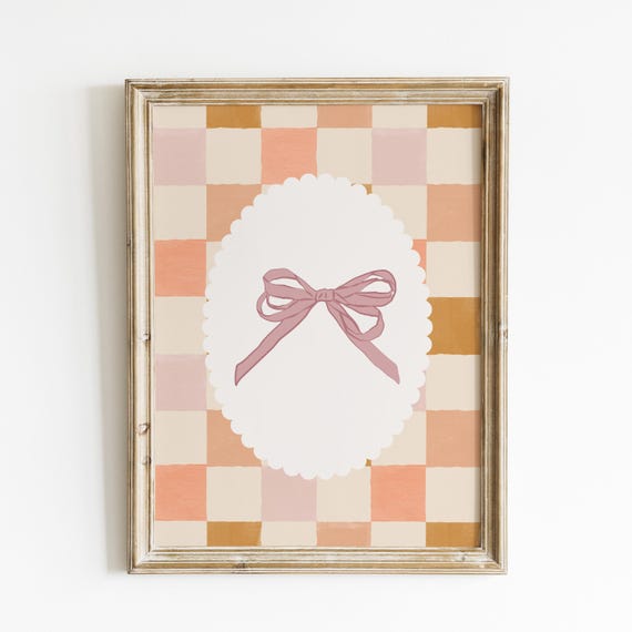 Pink Bow Wall Art Print Rustic Checkered Background Artwork Cottagecore Pastel Decor Vintage Inspired Feminine Home Accent