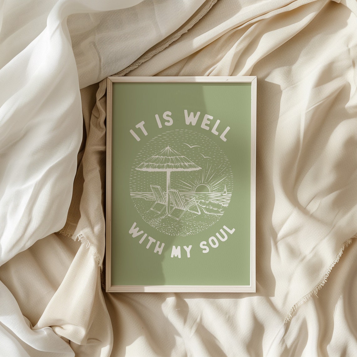 It Is Well With My Soul Beach Sunset Green Vintage Line Poster