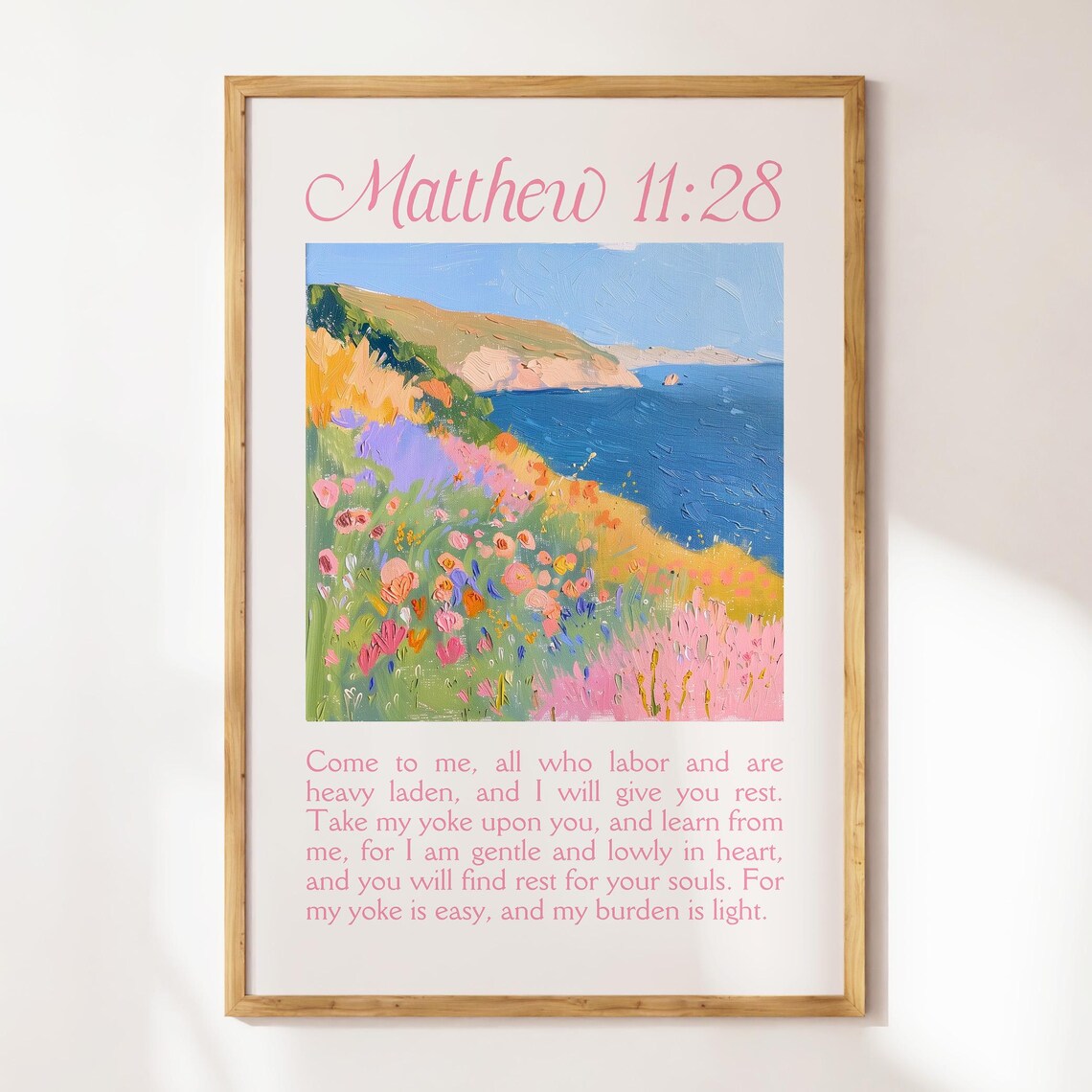 Matthew 1128 Coastal Wildflower Cliff Ocean Painting Faith Poster - Image 3