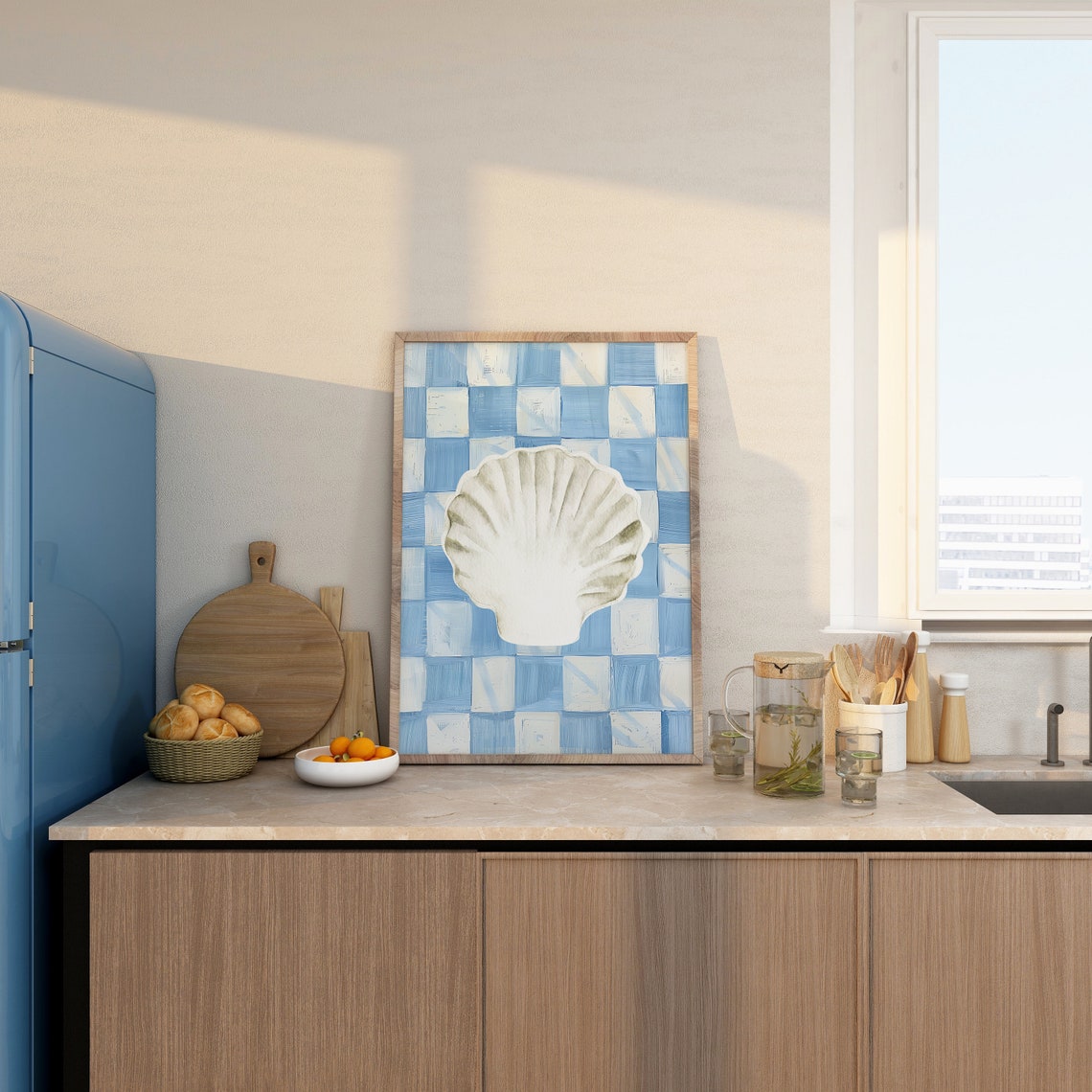 White Seashell Blue Gingham Check Coastal Watercolor Art Poster - Image 2