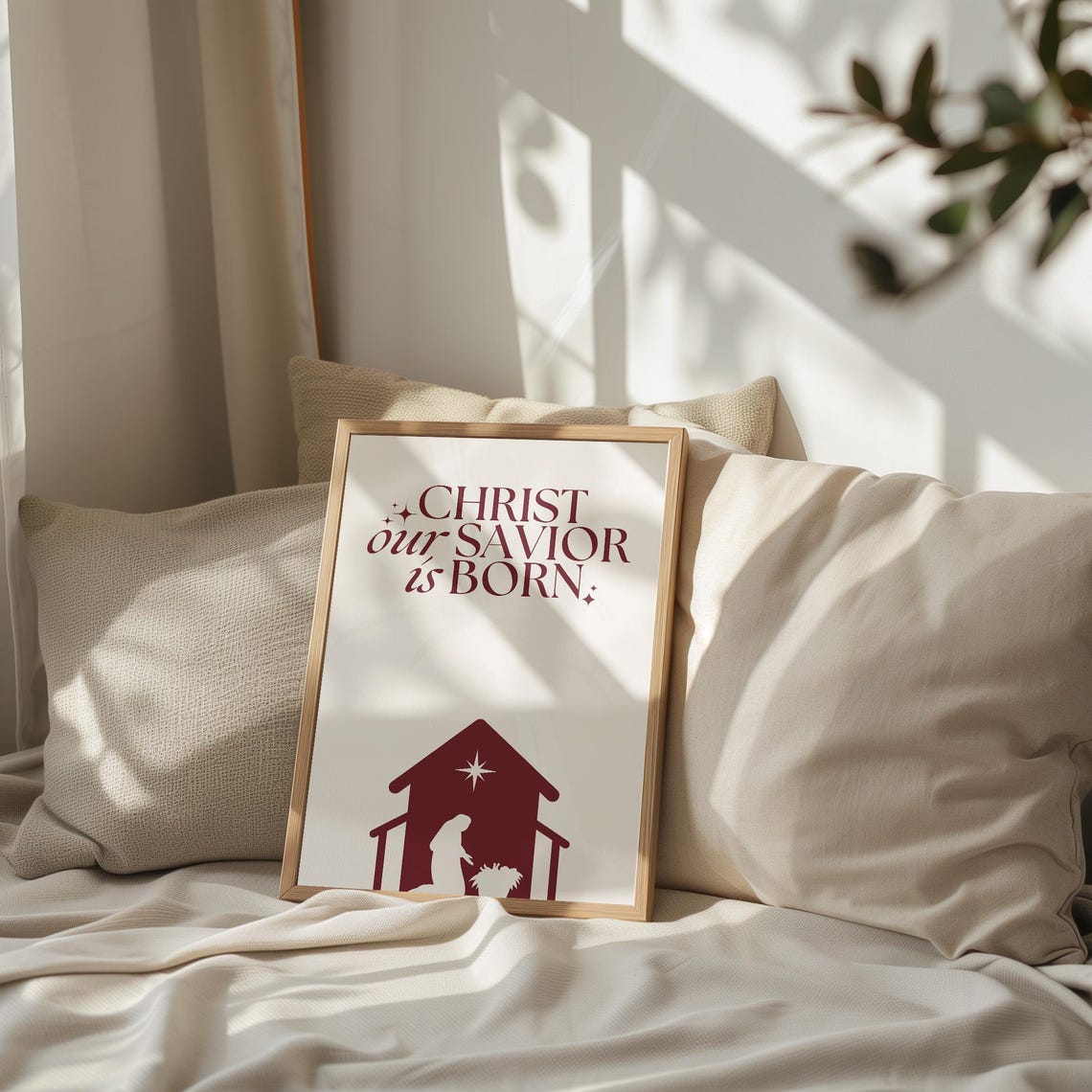 Christ Our Savior Is Born Burgundy Nativity Scene Holiday Poster - Image 3