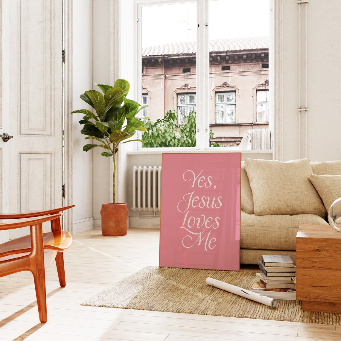 Yes Jesus Loves Me Pink Script Typography Girly Christian Quote Wall Art - Image 3