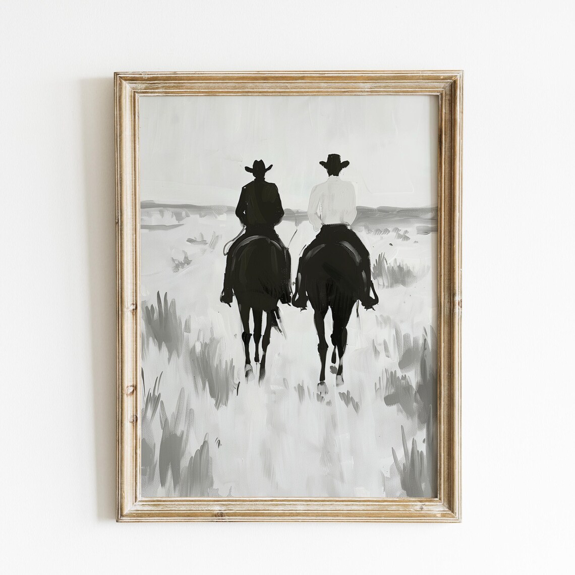 Two Cowboys Riding Horses Monochrome Western Painting Poster