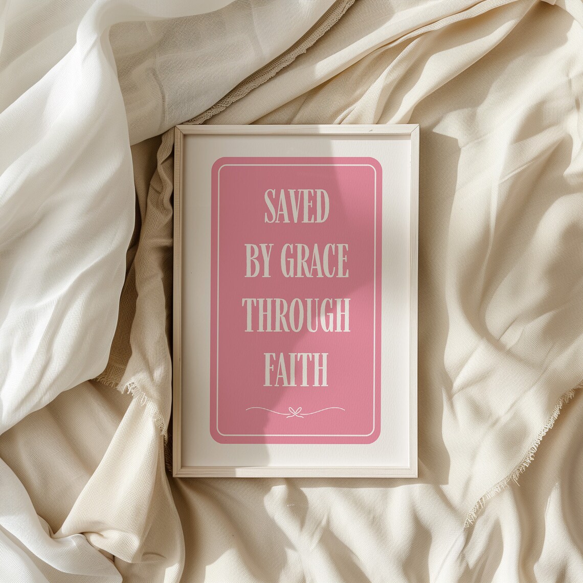 Saved By Grace Through Faith Pink Typography Coquette Christian Quote Wall Art