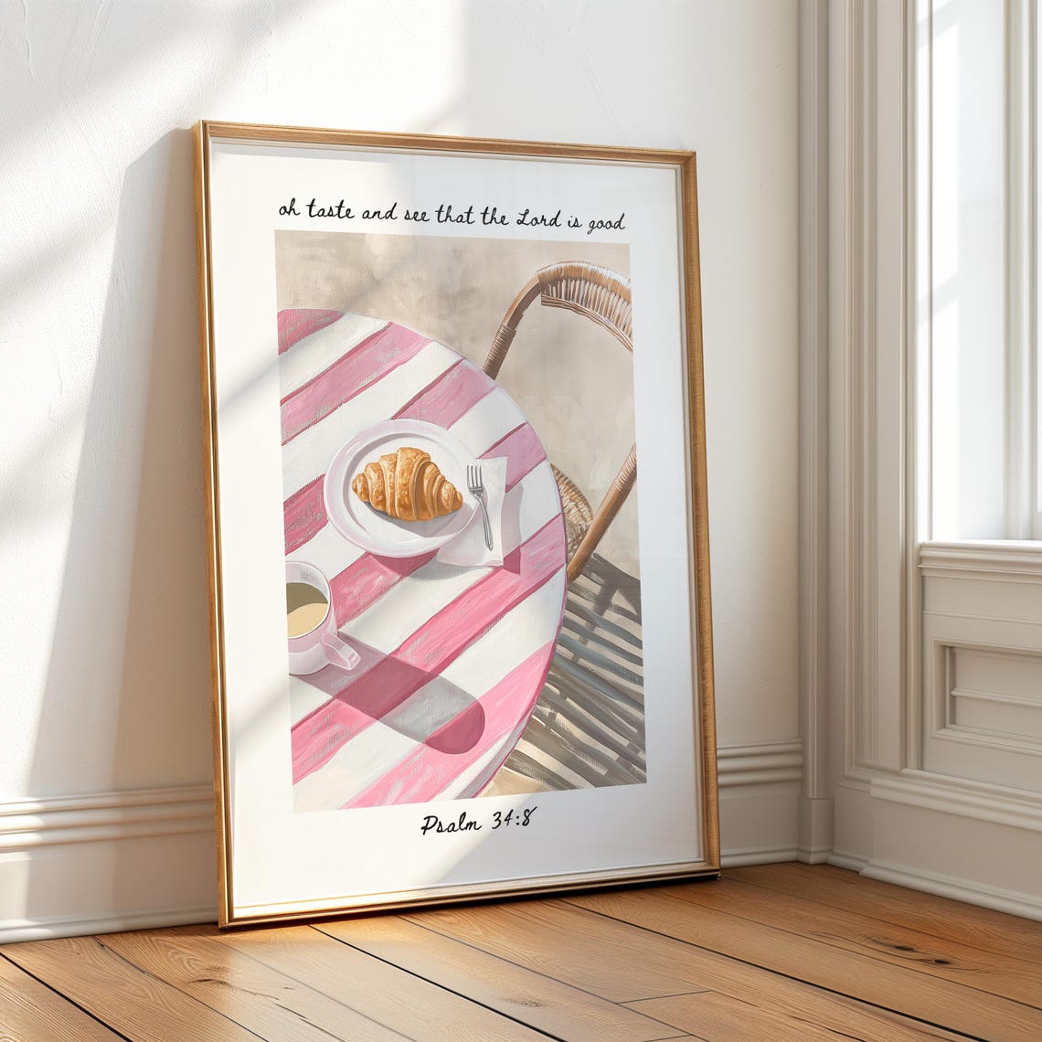 Psalm 34 8 Oh Taste And See Croissant Coffee Pink Cafe Scene Poster - Image 3