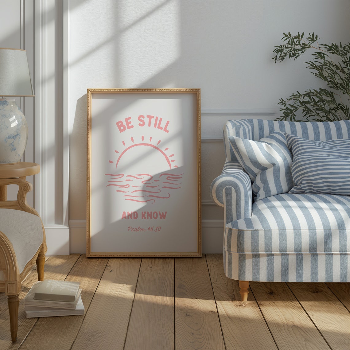 Be Still And Know Psalm 4610 Sunrise Ocean Line Art Pink Poster - Image 3