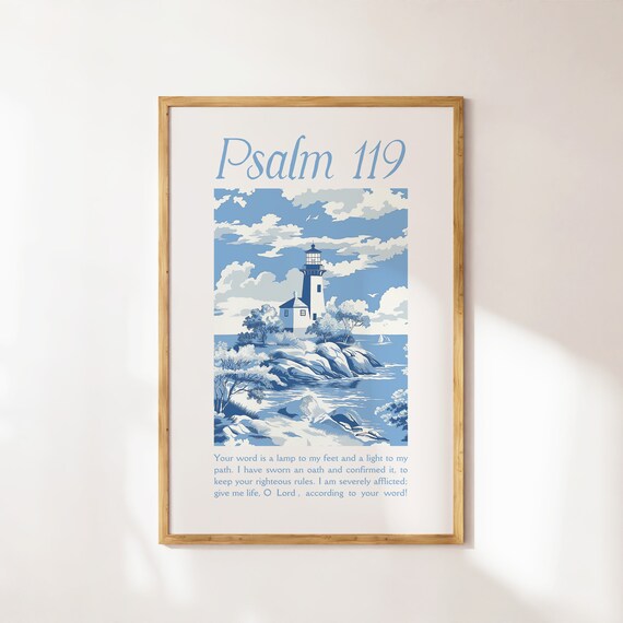 Psalm 119 Coastal Lighthouse Painting Scripture Verse Poster