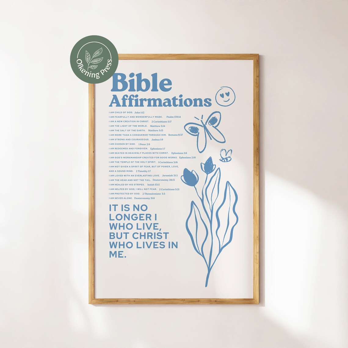 Bible Affirmations Blue Scripture List Smiley Butterfly Doodle Faith Poster - Image 3