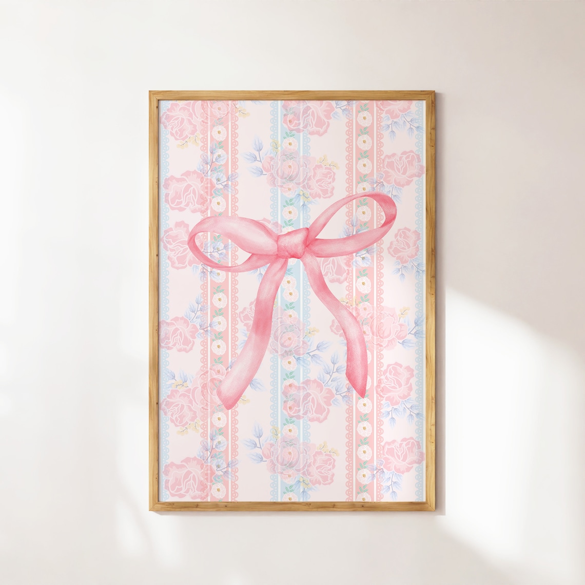 Pink Bow Floral Wallpaper, Coquette Room Decor Art Print