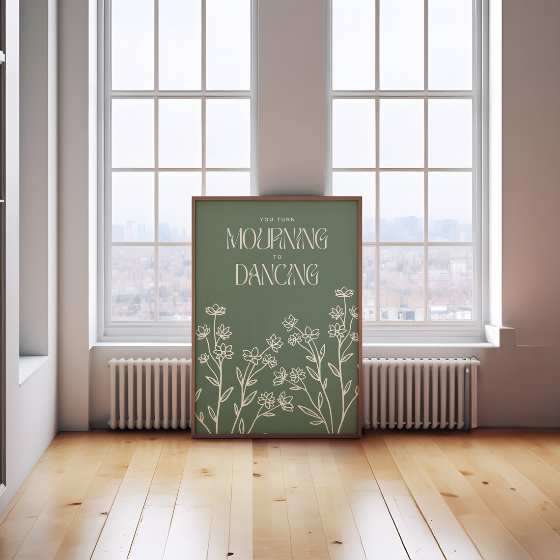 You Turn Mourning to Dancing Green Cream Botanical Line Art Flower Poster - Image 2