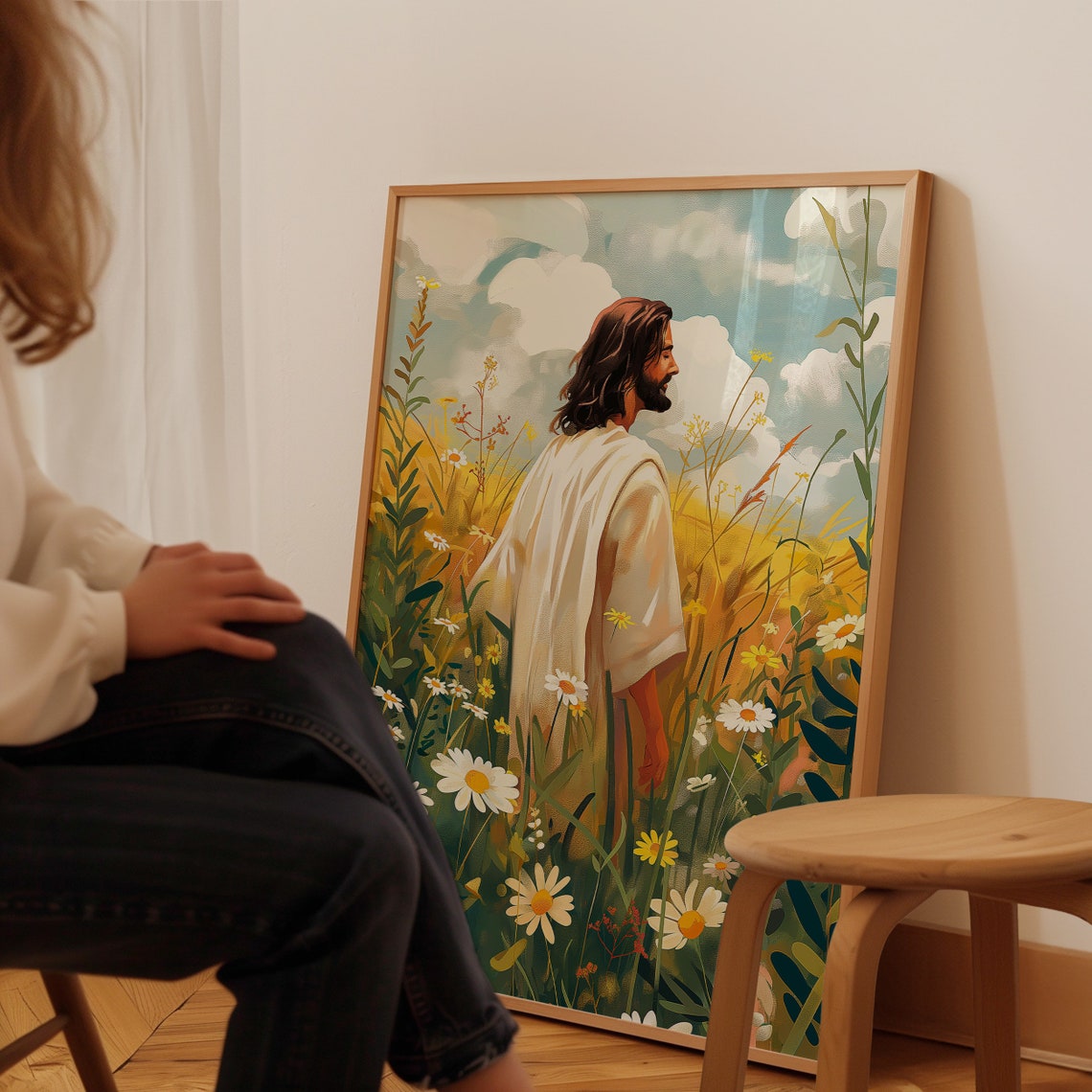 Jesus Walking In A Daisy Field Wildflower Meadow Painting Print - Image 3