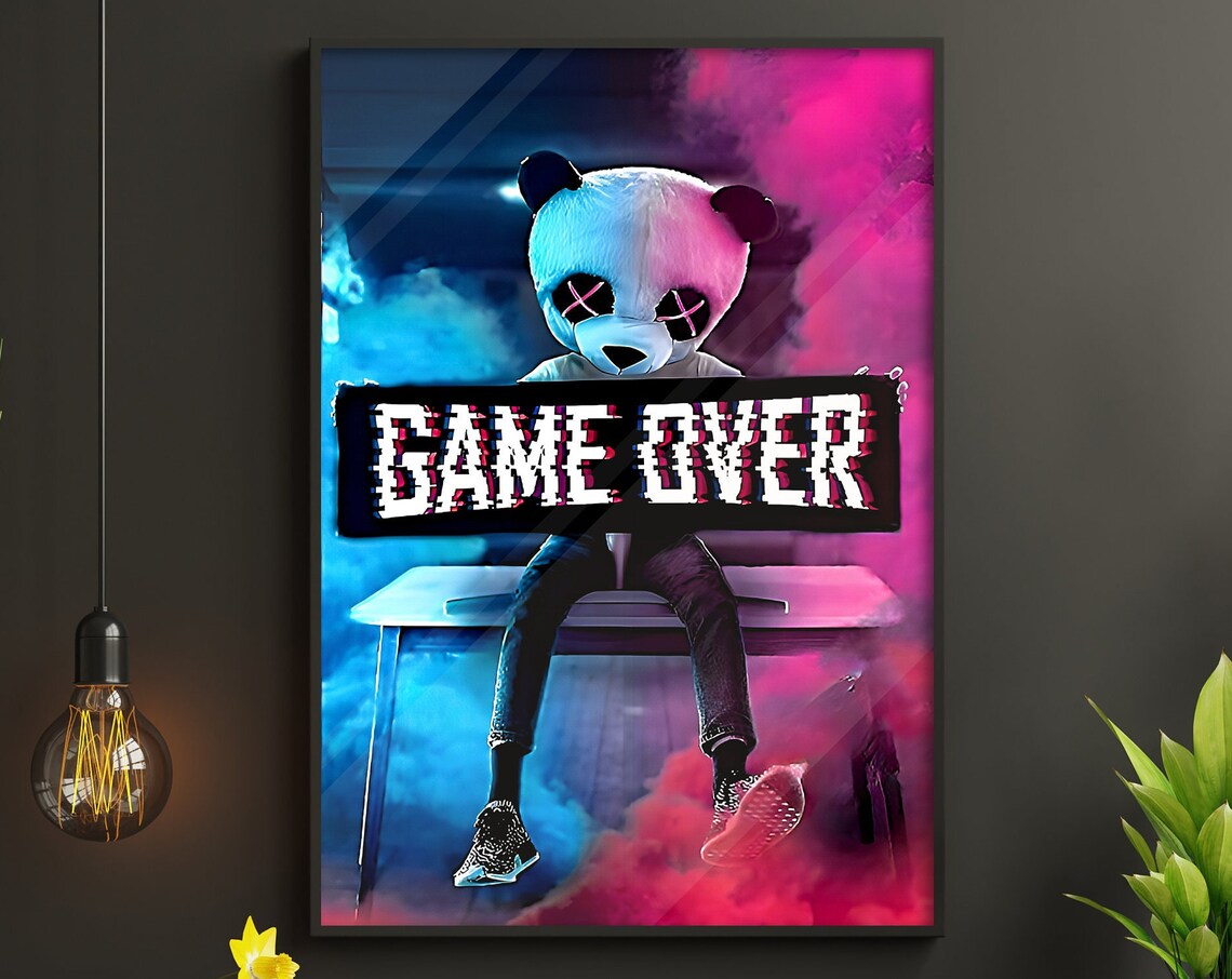 Game Over Panda Glitch Art Poster Neon Pink Blue Funny Gamer Gift Idea