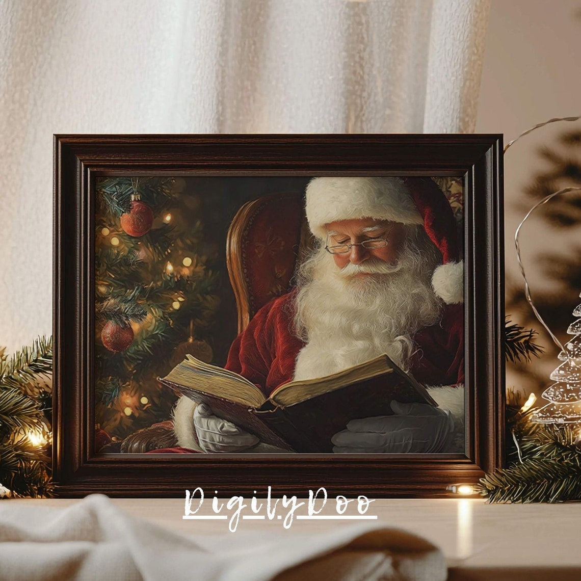 Santa Claus Reading Book by Christmas Tree Cozy Holiday Night Poster