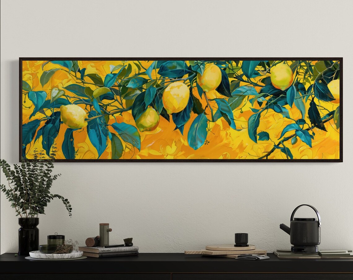 Panoramic Lemon Tree Branch Long Narrow Wall Art Yellow Painting Print Lemon Kitchen Decor Above Couch Citrus Decor