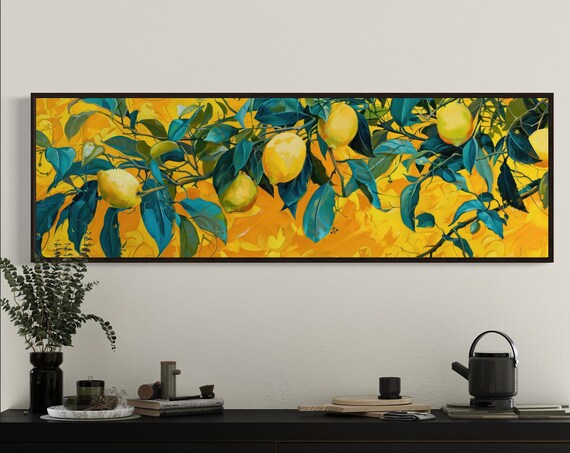 Panoramic Lemon Tree Branch Long Narrow Wall Art Yellow Painting Print Lemon Kitchen Decor Above Couch Citrus Decor