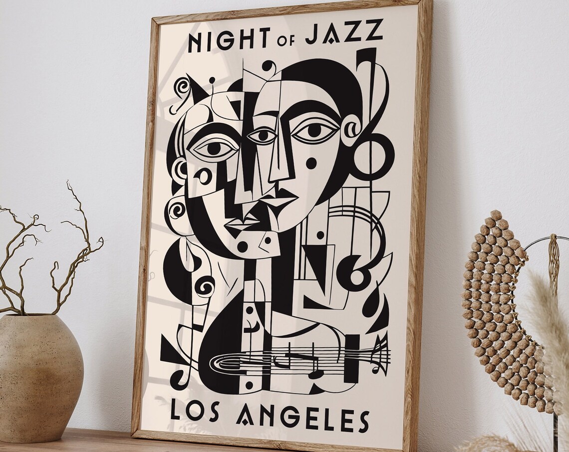 Black White Night of Jazz Los Angeles Cubist Faces Music Poster