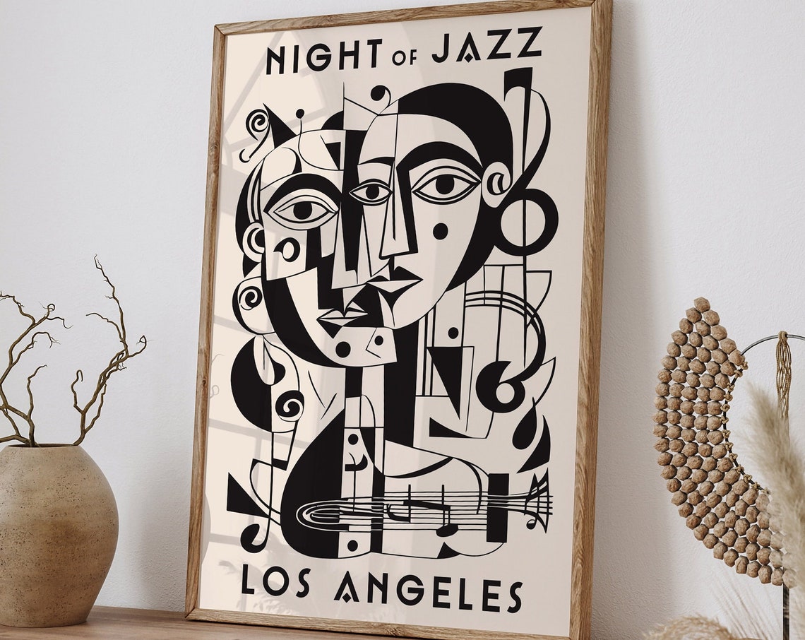 Vintage Cubist Music Art Poster Abstract Los Angeles Music Festival Wall Art Night Of Jazz Festival Picasso Inspired Art Music Lovers