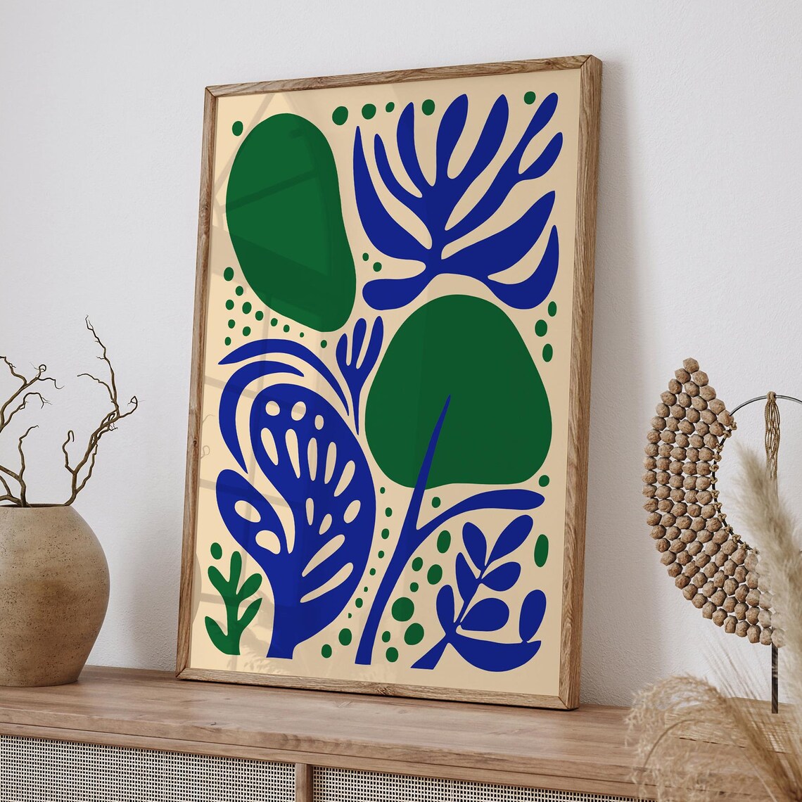 Abstract Organic Blue Green Shapes Mid Century Botanical Poster