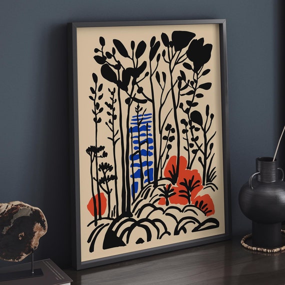 Modern Abstract Forest Art Print Minimalist Botanical Poster With Bold Black Blue And Red Accents Nature Wall Decor For Home Or Office