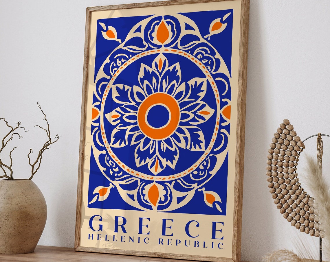 Greece Hellenic Republic Blue Orange Mandala Pattern Decor Poster