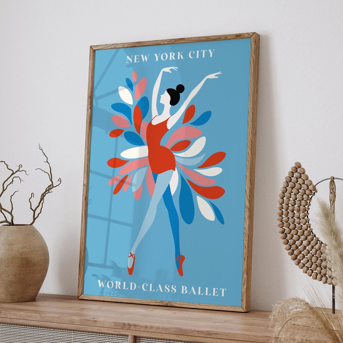 New York City World-Class Ballet Red Dancer on Sky Blue Poster
