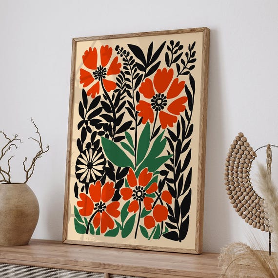 Retro Floral Art Print Red Green Botanical Poster Modern Wall Art Henri Matisse Inspired Bold Flower Illustration Kitchen Wall Decor