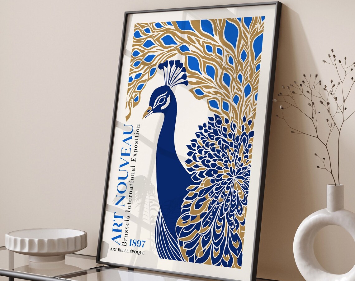 1897 Art Nouveau Blue Gold Peacock Brussels Exposition Poster - Image 6