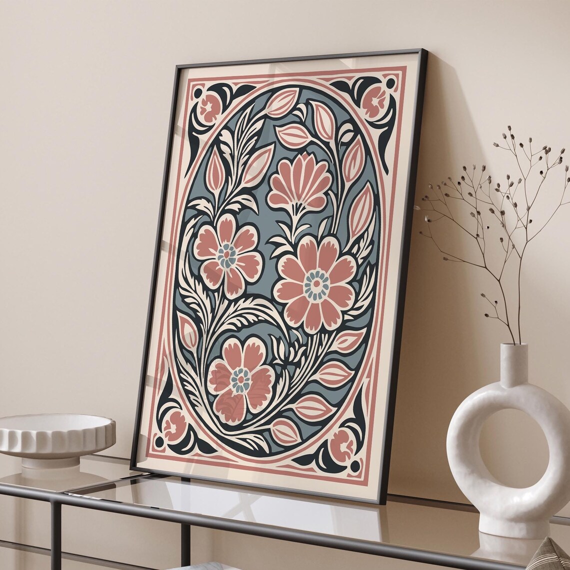 Pink Rococo Floral Oval in Soft Blue Romantic Botanical Poster